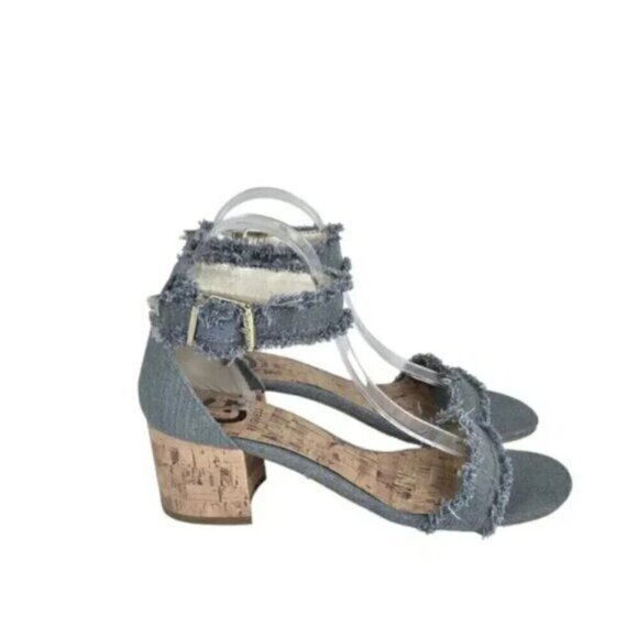 G By Guess Frayed  Denim Sandal Heel Chunky Cork Heel Open Toe Size 8.5 - Picture 8 of 16